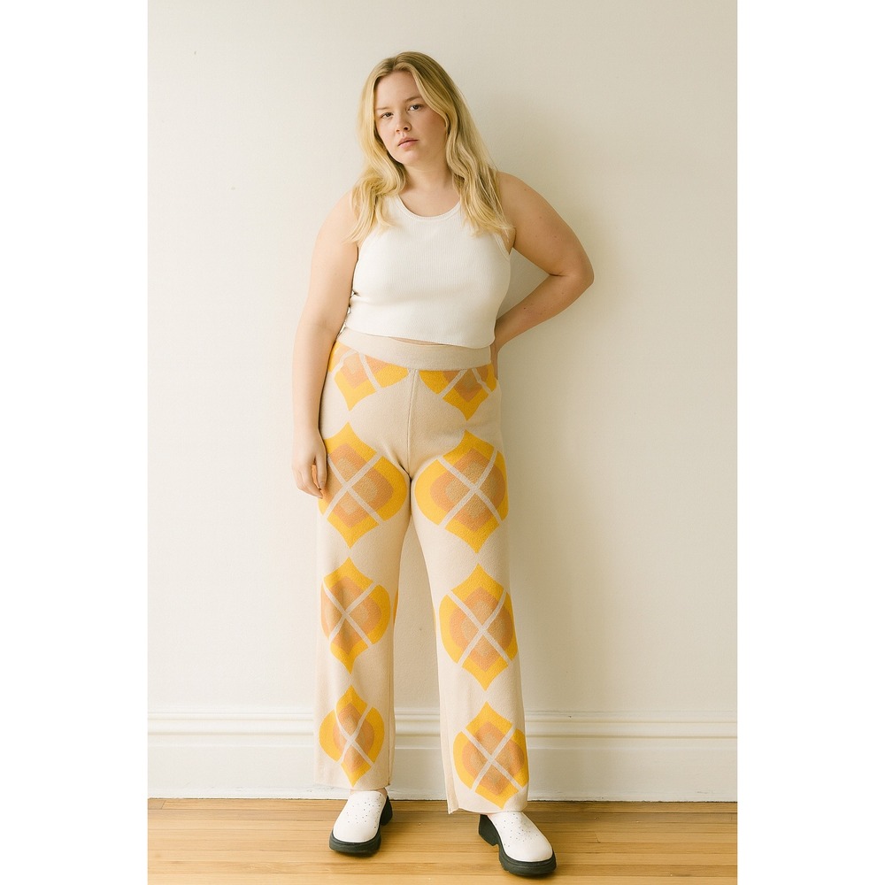 House of Sunny Argyle Sweater Pants‎ Womens 6 Orange Retro Knit Tan Pull On